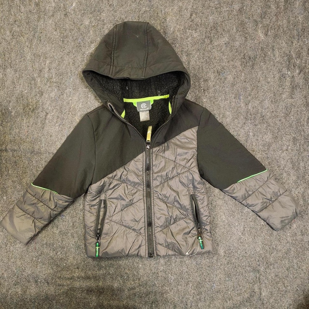Champion Puffer Jacket Girls XS 4-5 Grey Black Hooded Quilted Outdoor Coat